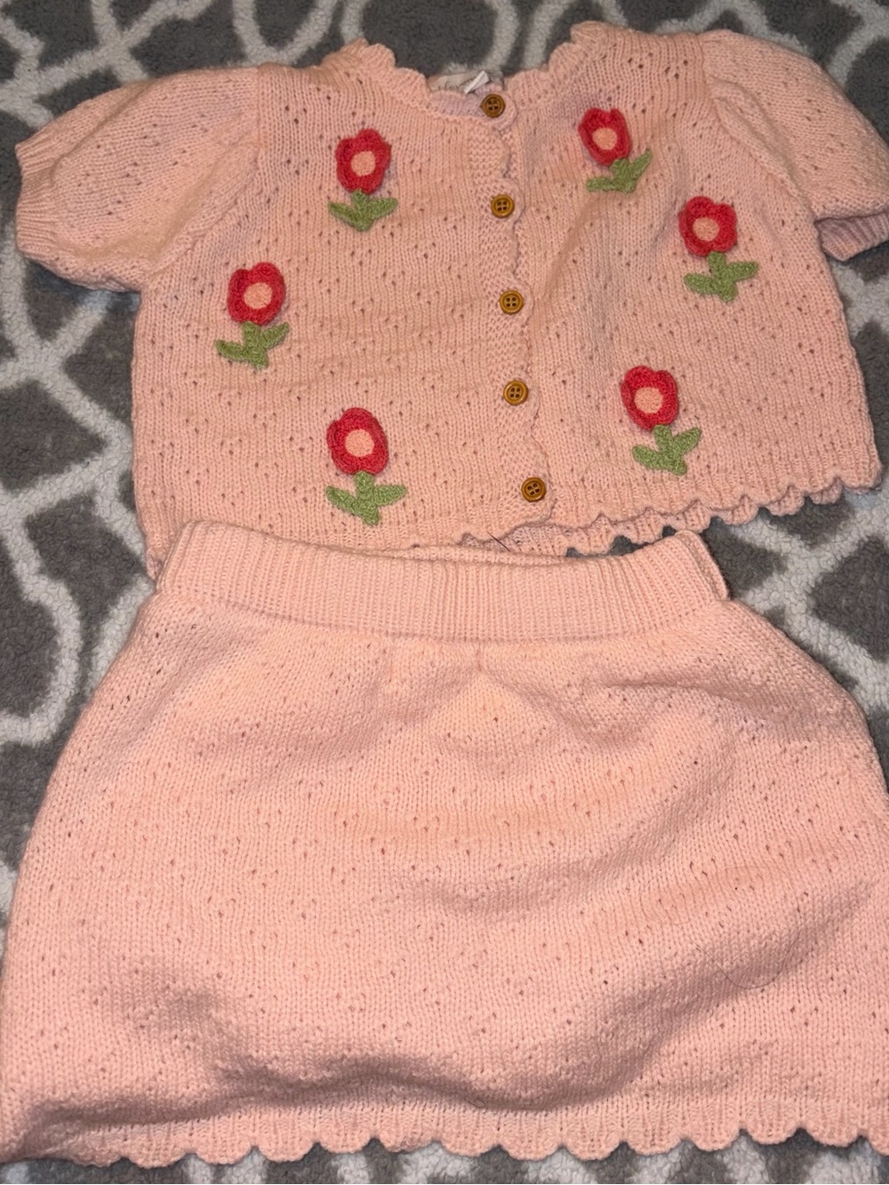Pink Floral Knit Cardigan & Skirt Set - Kids